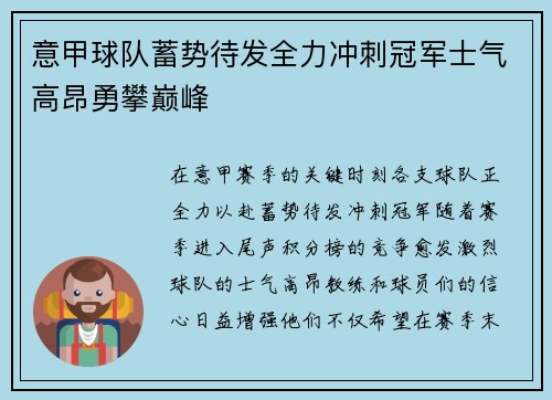 意甲球队蓄势待发全力冲刺冠军士气高昂勇攀巅峰