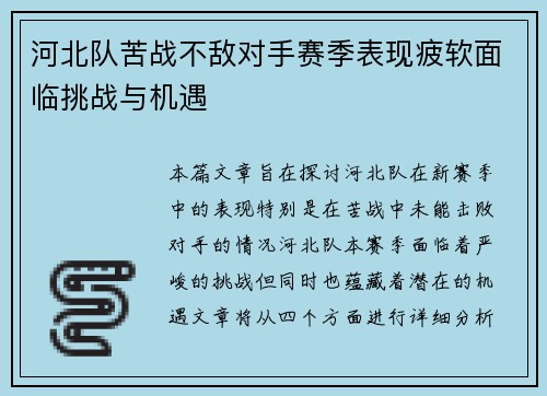 河北队苦战不敌对手赛季表现疲软面临挑战与机遇