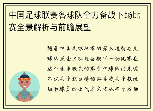 中国足球联赛各球队全力备战下场比赛全景解析与前瞻展望