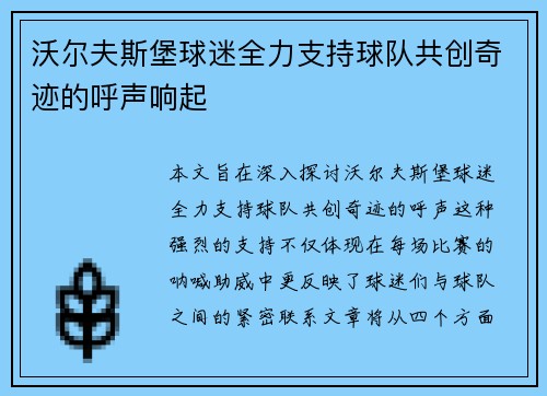 沃尔夫斯堡球迷全力支持球队共创奇迹的呼声响起