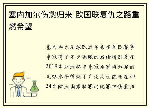 塞内加尔伤愈归来 欧国联复仇之路重燃希望