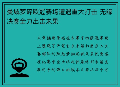 曼城梦碎欧冠赛场遭遇重大打击 无缘决赛全力出击未果