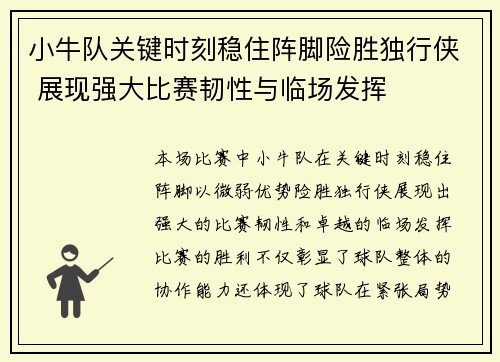 小牛队关键时刻稳住阵脚险胜独行侠 展现强大比赛韧性与临场发挥