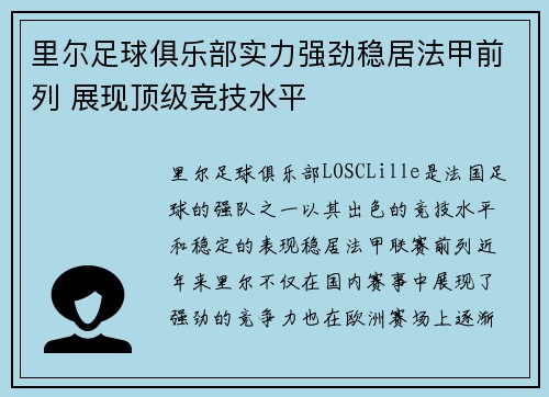 里尔足球俱乐部实力强劲稳居法甲前列 展现顶级竞技水平