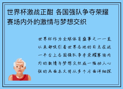 世界杯激战正酣 各国强队争夺荣耀 赛场内外的激情与梦想交织