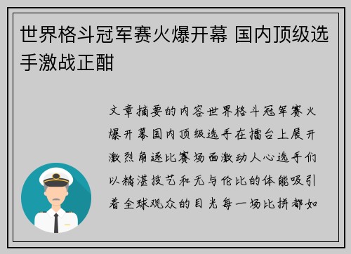 世界格斗冠军赛火爆开幕 国内顶级选手激战正酣